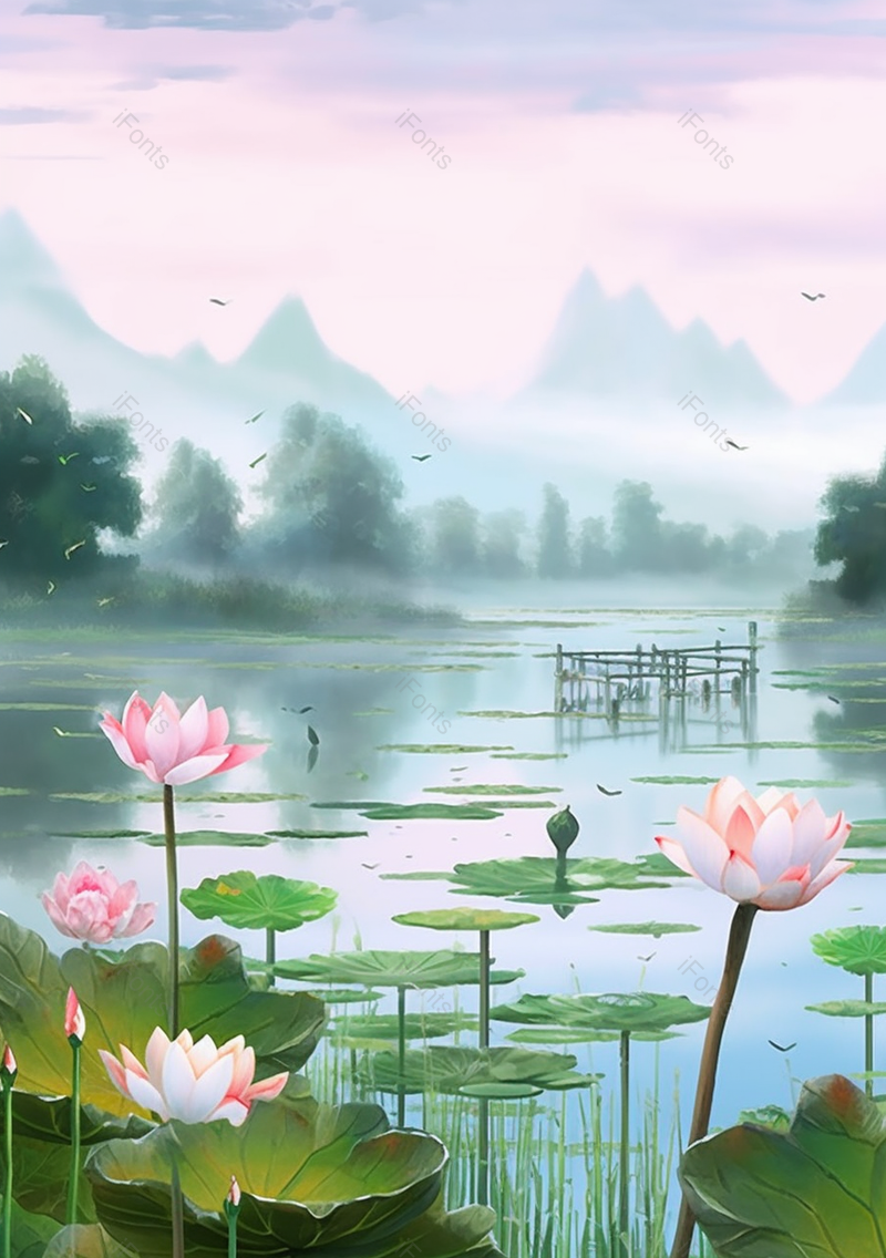 唯美夏日荷花荷叶手绘背景图,插画/手绘图,插画/手绘图库,插画/手绘图下载,插画/手绘